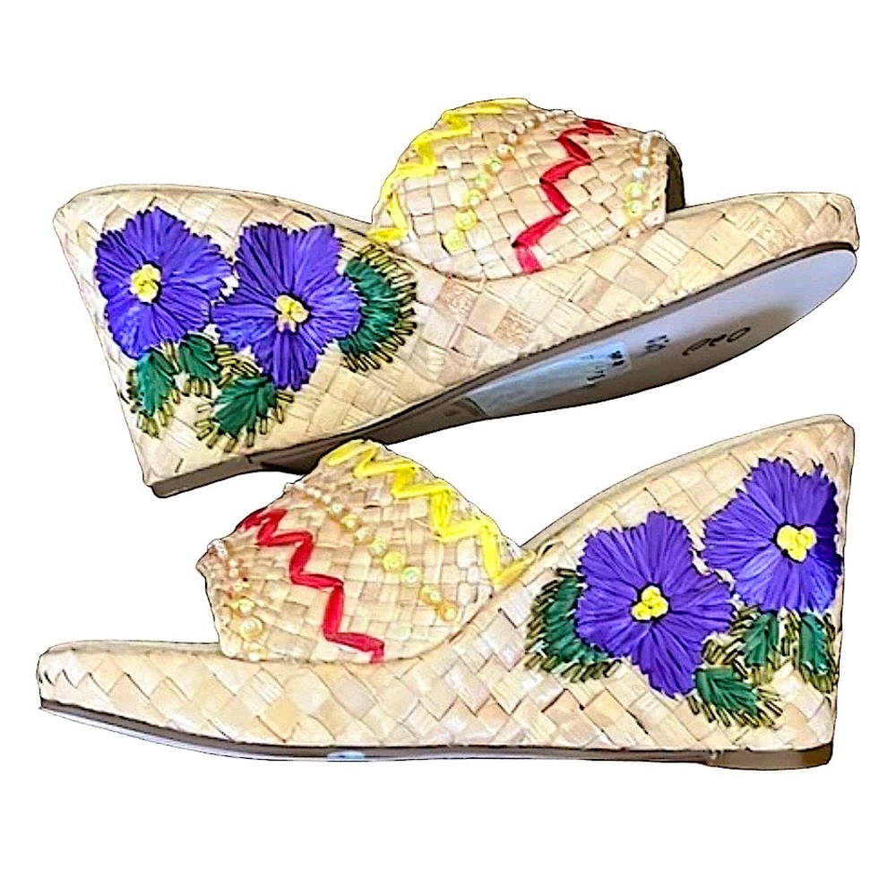 GELLER II: Raffia Palm Leaf Floral Embellished Wedges - Size 9 1/2